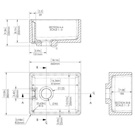 BE11018 Nuie Belfast 460 x 380mm White Fireclay Kitchen Sink Line Drawing