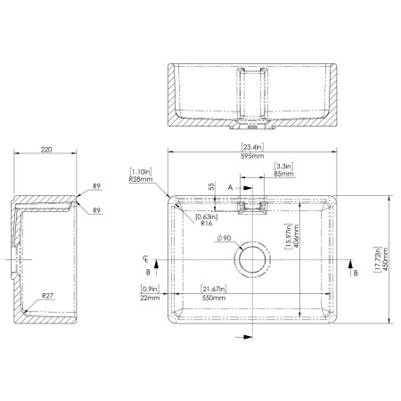 BE13024 Nuie Belfast 595 x 450mm White Fireclay Kitchen Sink Line Drawing