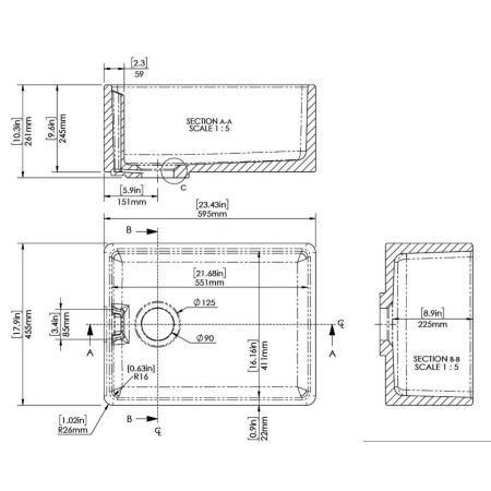 BE40024 Nuie Belfast 595 x 455mm Matt Black Fireclay Kitchen Sink Line Drawing