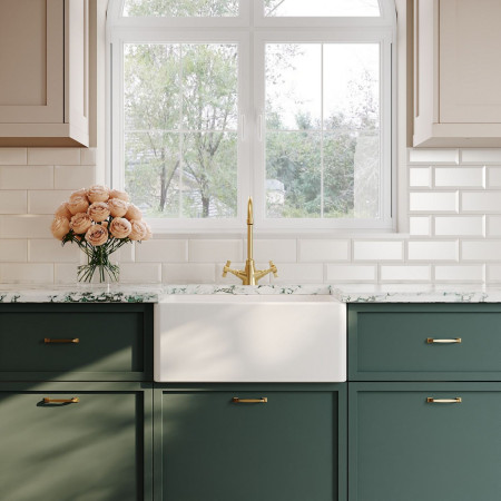 BE10024 Nuie Belfast 595 x 455mm White Fireclay Kitchen Sink Lifestyle