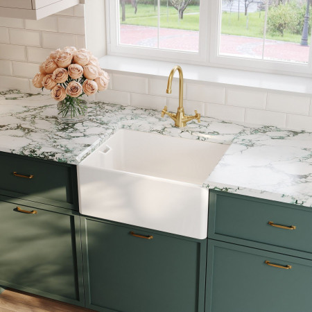 BE10024 Nuie Belfast 595 x 455mm White Fireclay Kitchen Sink with Brushed Brass Tap