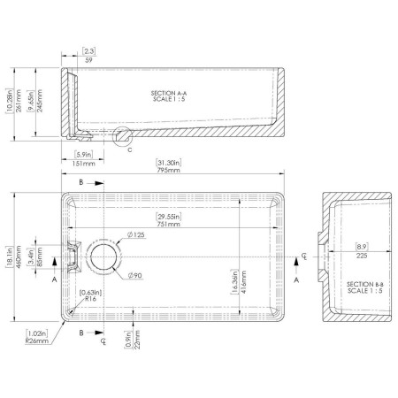 BE10032 Nuie Belfast 795 x 460mm White Fireclay Kitchen Sink Line Drawing