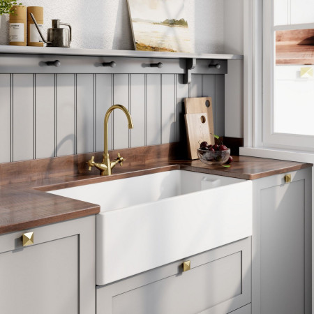 BE10036 Nuie Belfast 895 x 460mm White Fireclay Kitchen Sink with Brushed Brass Tap