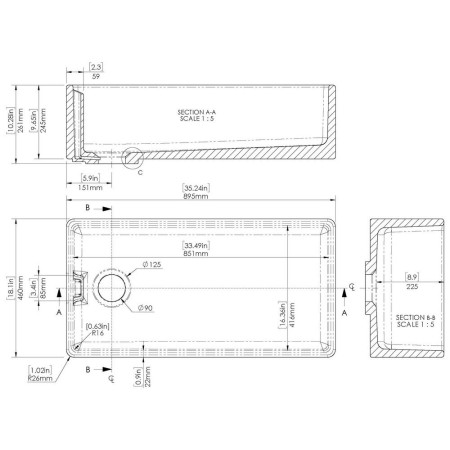 BE10036 Nuie Belfast 895 x 460mm White Fireclay Kitchen Sink Line Drawing