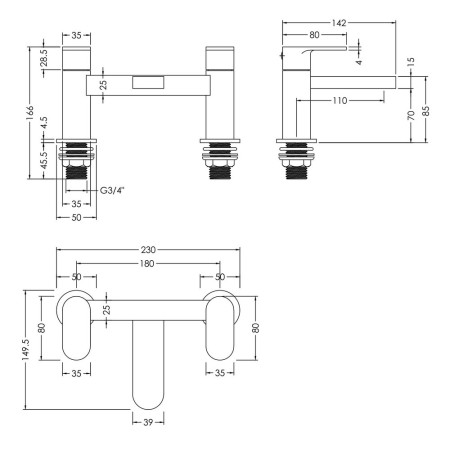 BIN803 Nuie Binsey Brushed Brass Bath Filler Line Drawing
