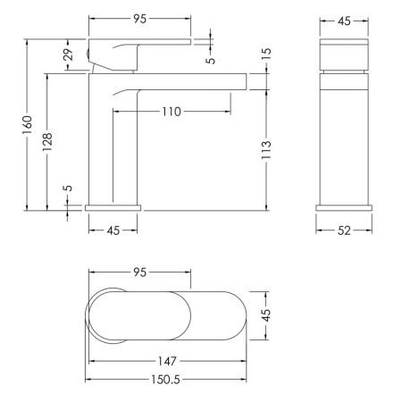 BIN805 Nuie Binsey Brushed Brass Mono Basin Mixer with Waste Line Drawing