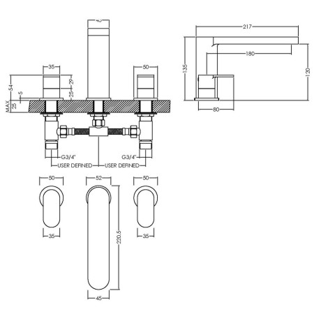 BIN333 Nuie Binsey Chrome 3TH Deck Mounted Bath Filler Line