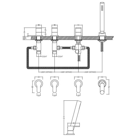 BIN334 Nuie Binsey Chrome 4TH Bath Shower Mixer Line Drawing