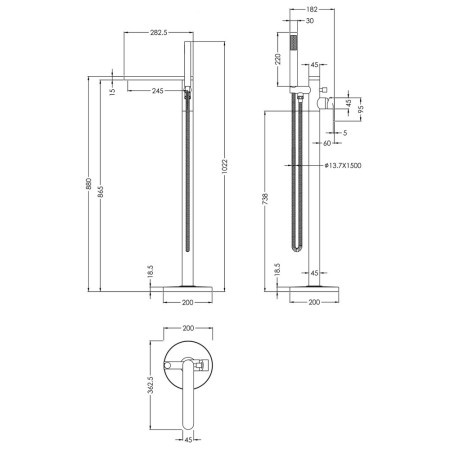 BIN421 Nuie Binsey Matt Black Freestanding Bath Shower Mixer Line Drawing