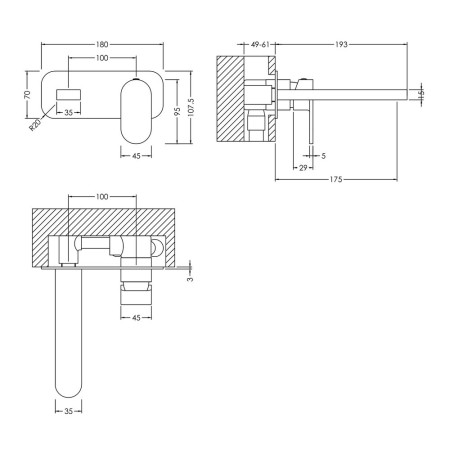 BIN428 Nuie Binsey Matt Black Wall Mounted Basin Mixer Line Drawing
