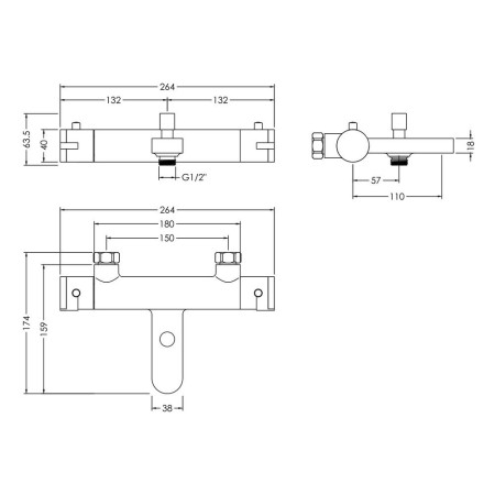 BIN005 Nuie Binsey Wall Mounted Thermostatic Bath Shower Mixer in Chrome Line Drawing