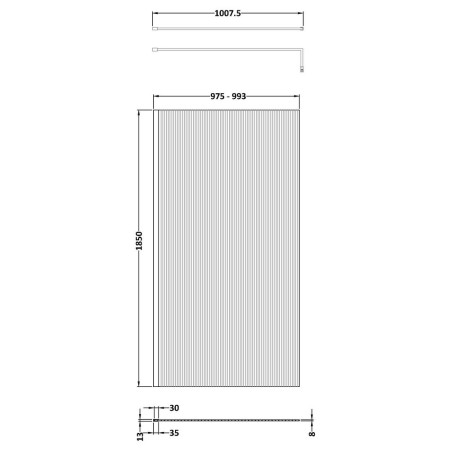 WRFL18510BP Nuie Black 1000mm Fluted Wetroom Screen Line Drawing