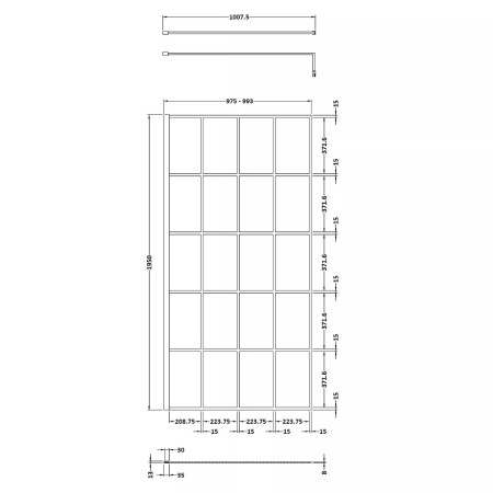 NWSF10 Nuie Black 1000mm Framed 8mm Wetroom Screen Line Drawing
