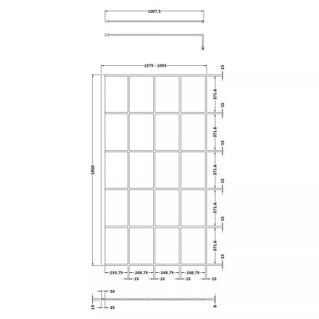 NWSF11 Nuie Black 1100mm Framed 8mm Wetroom Screen Line Drawing
