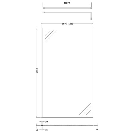 WRSCBP11 Nuie Black 1100mm Wetroom Screen Line Drawing