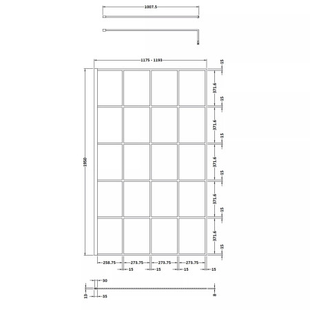 NWSF12 Nuie Black 1200mm Framed 8mm Wetroom Screen Line Drawing