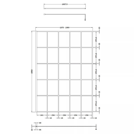 NWSF14 Nuie Black 1400mm Framed 8mm Wetroom Screen Line Drawing