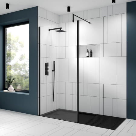 NWOF76BP Nuie Black 760 x 1950mm Outer Frame Wetroom Screen Lifestyle