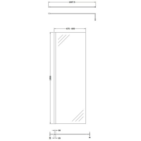 NWS1970BP Nuie Black 700 x 1950mm Wetroom Screen Line Drawing