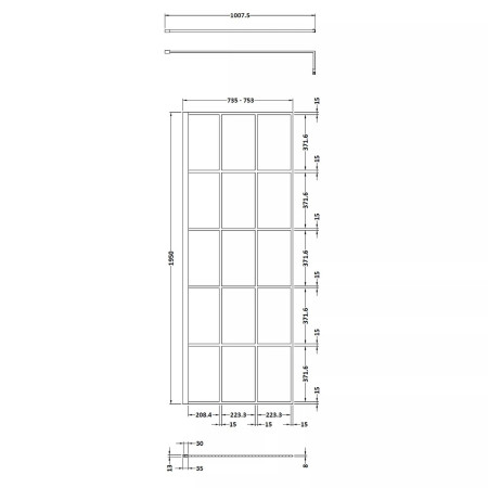 NWSF076 Nuie Black 760mm Framed 8mm Wetroom Screen Line Drawing