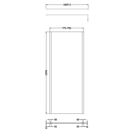 NWOF80BP Nuie Black 800 x 1950mm Outer Frame Wetroom Screen Line Drawing