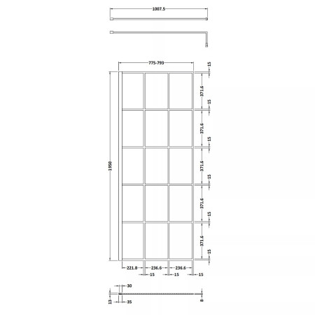 NWSF080 Nuie Black 800mm Framed 8mm Wetroom Screen Line Drawing