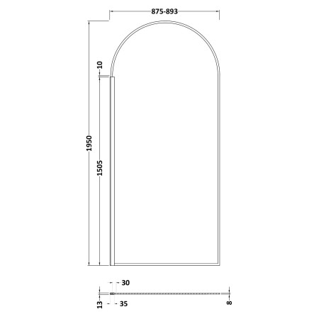 NWSR90BP Nuie Black 900mm Arched 8mm Wetroom Screen Line Drawing