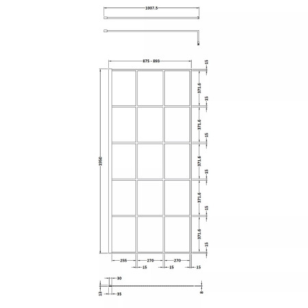 NWSF090 Nuie Black 900mm Framed 8mm Wetroom Screen Line Drawing