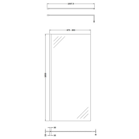 WRSCBP090 Nuie Black 900mm Wetroom Screen Line Drawing
