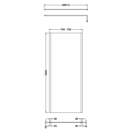 WRSCOBP76 Nuie Black Outer Frame 760mm Wetroom Screen Line Drawing