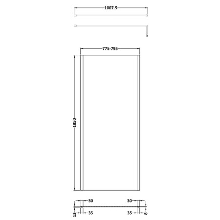 WRSCOBP80 Nuie Black Outer Frame 800mm Wetroom Screen Line Drawing