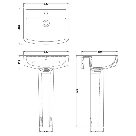 CBL009 Nuie Bliss 520mm 1TH Basin and Pedestal Line Drawing