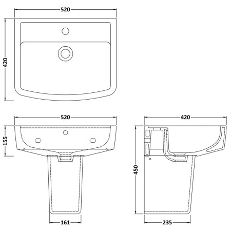 CBL011 Nuie Bliss 520mm 1TH Basin and Semi Pedestal Line Drawing