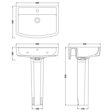 CBL010 Nuie Bliss 600mm 1TH Basin and Pedestal Line Drawing