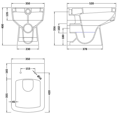 NCH106B Nuie Bliss Back To Wall Square Pan Line Drawing