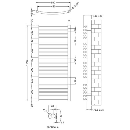 HK386 Nuie Bridge Chrome 1100 x 500mm Curved Ladder Rail Line Drawing