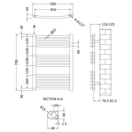 HK385 Nuie Bridge Chrome 700 x 500mm Curved Ladder Rail Line Drawing