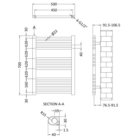 HK381 Nuie Bridge Chrome 700 x 500mm Straight Ladder Rail Line Drawing