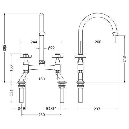 KB806 Nuie Bridge Sink Mixer with Crosshead Handles in Brushed Brass Line Drawing
