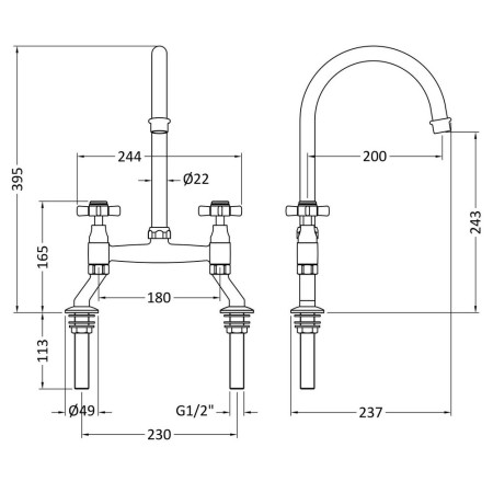 KB606 Nuie Bridge Sink Mixer with Crosshead Handles in Brushed Nickel Line Drawing