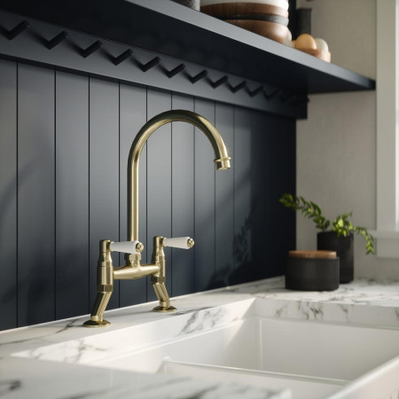 KB817 Nuie Bridge Sink Mixer with Lever Handles in Brushed Brass Kitchen Setting