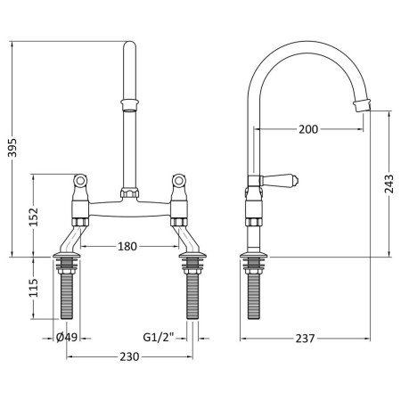 KB317 Nuie Bridge Sink Mixer with Topaz Levers in Chrome Line Drawing