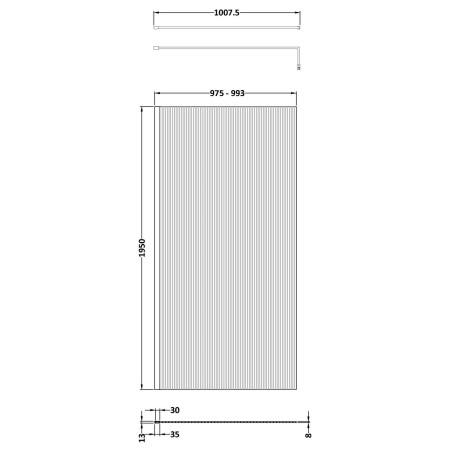 NWFL1910BB Nuie Brushed Brass 1000 x 1950mm Fluted Wetroom Screen Line Drawing