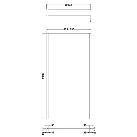 NWOF10BB Nuie Brushed Brass 1000 x 1950mm Outer Frame Wetroom Screen Line Drawing