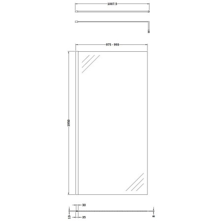NWS1910BB Nuie Brushed Brass 1000 x 1950mm Wetroom Screen Line Drawing
