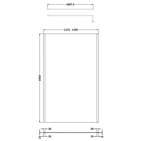 NWOF12BB Nuie Brushed Brass 1200 x 1950mm Outer Frame Wetroom Screen Line Drawing