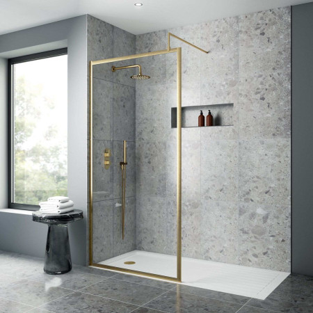 NWFF12BB Nuie Brushed Brass 1200 x 1950mm Full Outer Frame Wetroom Screen Lifestyle