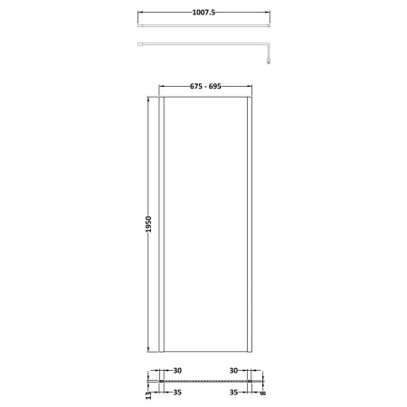 NWOF70BB Nuie Brushed Brass 700 x 1950mm Outer Frame Wetroom Screen Line Drawing