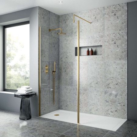 NWOF76BB Nuie Brushed Brass 760 x 1950mm Outer Frame Wetroom Screen Lifestyle