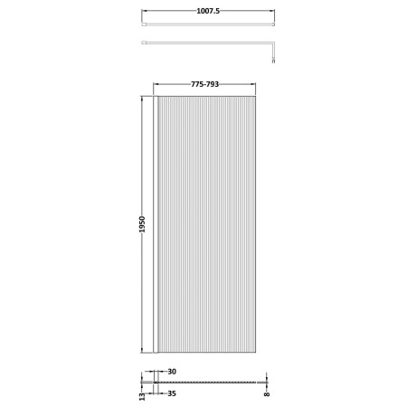 NWFL1980BB Nuie Brushed Brass 800 x 1950mm Fluted Wetroom Screen Line Drawing